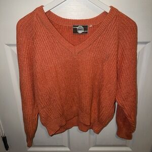 VTG Fiorucci Women's Ribbed Sweater Size M Orange Coral Italy V Neck Grunge